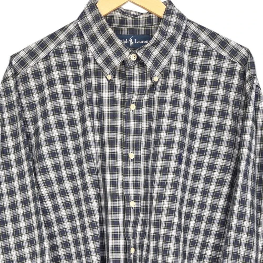 Ralph Lauren Button Down Shirt Mens 17.5 32/33 Blue Tartan Plaid Classic Fit